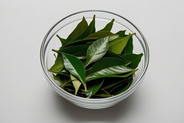 Wall Mural - High Resolution Front View of Fresh Curry Leaves in Glass Bowl Isolated on White Background