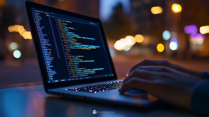 Poster - Hands coding on a laptop outdoors at night with blurred city lights in the background, representing software development and remote work.