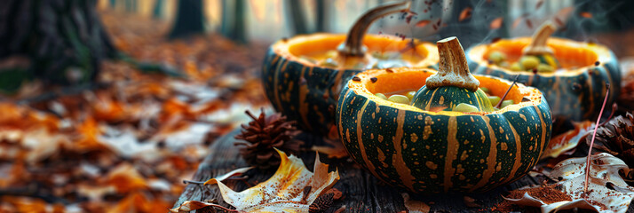 Hollowed acorn squash bowls holding their own soup. Autumn forest clearing scene. with space for text 