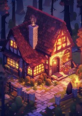 Canvas Print - Cozy Cottage In The Woods At Night