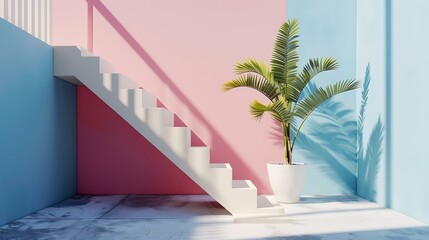 Canvas Print - Minimalist Pink Blue Interior Design With Stairs Palm Tree And Sunbeams