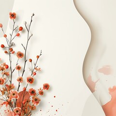 Wall Mural - Minimalist Floral Design with Peach Blossom Branch on White Background