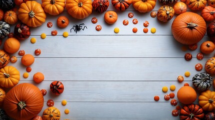 Fototapete - Flat lay of Halloween party scene featuring pumpkins sweet candy and festive accessories on a white wooden table with ample space for adding custom designs for a Happy Halloween celebration