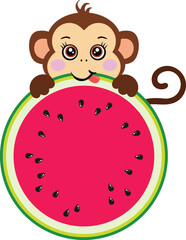 Sticker - Cute monkey eating watermelon slice