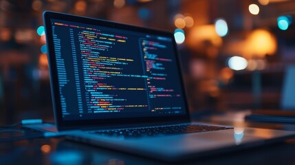 Aufkleber - Close-up of programming code on a laptop with bokeh lights. Nighttime setting emphasizes focused coding and development.
