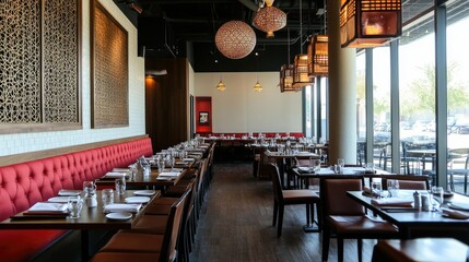 Poster - Interior of a modern South Asian fusion restaurant, no people, with plenty of room for copy space.