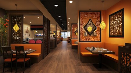 Poster - Interior of a modern South Asian fusion restaurant, no people, with plenty of room for copy space.