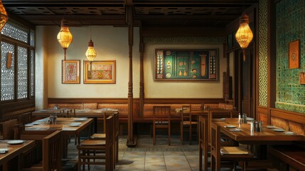 Wall Mural - South Asian restaurant interior with traditional wooden furniture, no people, leaving room for copy text.