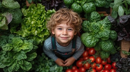 Wall Mural - top view of small boy hiding in vegetable garden sustainable lifestyle