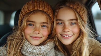 Canvas Print - two girls in the backseat of car travelling