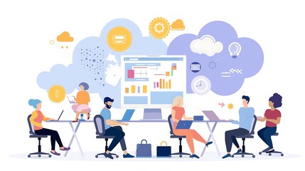 Poster - Illustration showing a diverse team working together on a project, showcasing teamwork, collaboration, and technological innovation.