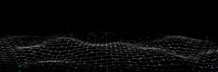 Poster - Technology hexagon dynamic wave on black background. Futuristic honeycomb concept. Digital technology webflow. Big data visualization. 3D rendering.