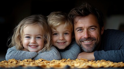 Sticker - two small children with father indoors at home eating cornflakes on floor