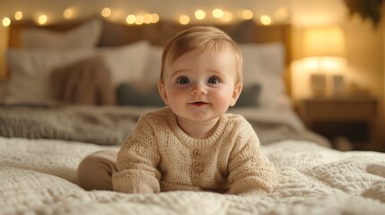 Poster - A baby is laying on a bed and smiling. The bed is covered in a white blanket. The baby is wearing a sweater