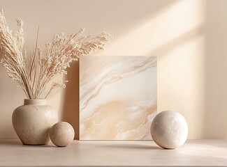 Poster - Minimalist Beige Aesthetic Mockup With Marble Texture