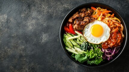 Top view of a Korean bibimbap bowl with egg and vegetables, leaving room for copy space.