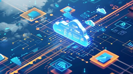 Poster - 3D illustration of a cloud computing network with various data icons representing the global connectivity and digital transformation.