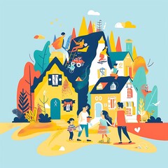 Canvas Print - Colorful Illustration of Family Walking Through a Town