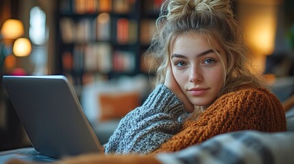 Poster - university student is writing her thesis on laptop sitting at home on the couch making phone call