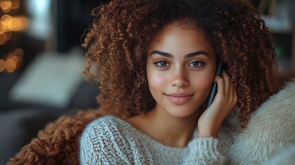 Poster - university student is writing her thesis on laptop sitting at home on the couch making phone call