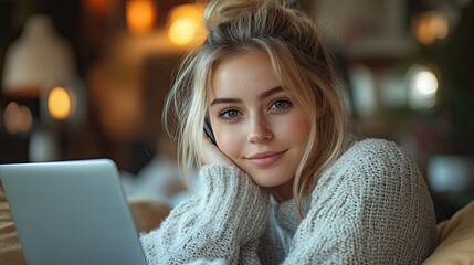 Canvas Print - university student is writing her thesis on laptop sitting at home on the couch making phone call