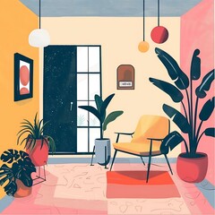 Sticker - Modern Illustration Of A Living Room With Yellow Chair And Plants