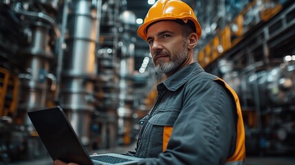 Poster - unrecognizable technician or engineer with laptop standing in industrial factory