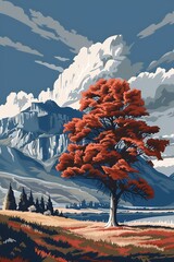 Poster - Autumn Tree Landscape With Mountains And Clouds