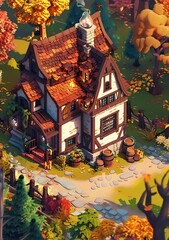 Poster - Autumn Cottage Illustration with Stone Pathway