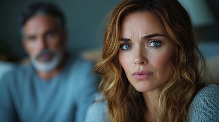 Poster - upset mid adult woman with her husband in bed arguing relationship problems concept