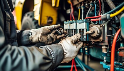 Detailed close-up of mechanics hands inspecting car battery during electrical system check in vehicle maintenance