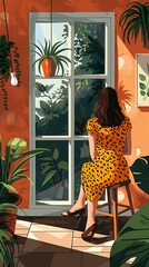 Wall Mural - Woman in a Leopard Print Dress Sitting by a Window