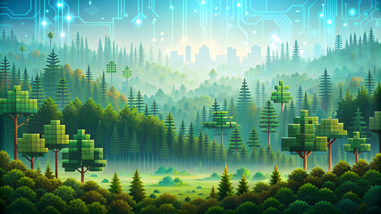 Wall Mural - Pixelated forest landscape with technology elements, pixelated, forest, nature, technology, futuristic