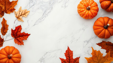 Aufkleber - Autumn decoration with pumpkins and maple leaves on marble, copy space