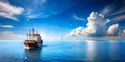 Ship sailing on the open sea with clear blue skies , ship, ocean, sea, blue, sky, waves, journey, travel, adventure, horizon