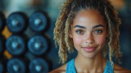 Poster - woman exercising with dumbbells in gym strength exercise routine workout for physical, mental health