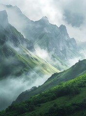 Poster - Green Mountain Landscape With Fog