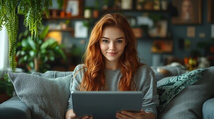 Poster - woman sitting on sof managing household functions of smart home system woman shopping online paying online or e learning on tablet