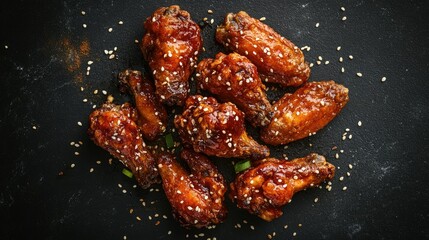 Wall Mural - Top view of Korean fried chicken wings with sesame seeds, leaving room for copy text.