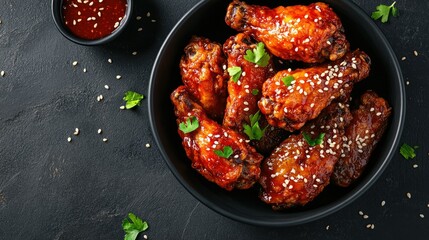 Wall Mural - Top view of Korean fried chicken wings with sesame seeds, leaving room for copy text.