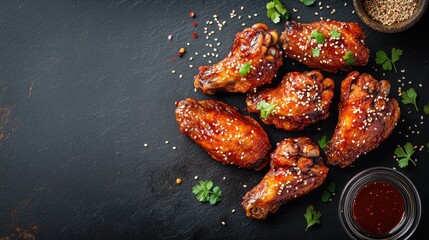 Wall Mural - Top view of Korean fried chicken wings with sesame seeds, leaving room for copy text.