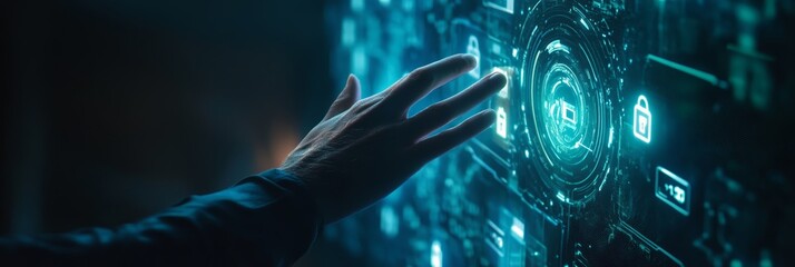 Aufkleber - Hand reaching toward glowing digital lock on a futuristic interface. Concept of cybersecurity and secure access.