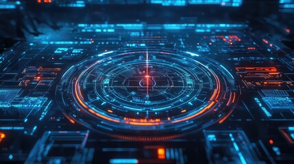 Poster - Futuristic HUD Dashboard with Neon Glowing Circular Display, Crosshair Aiming, and High-Tech GUI Elements