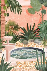 Wall Mural - Tropical Garden with Small Fountain and Pond