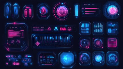Poster - Modern Cartoon Set of Sci-Fi Style UI Elements with Glistening Blue and Pink Colors for Avatars Featuring Grades or Levels in Futuristic Design