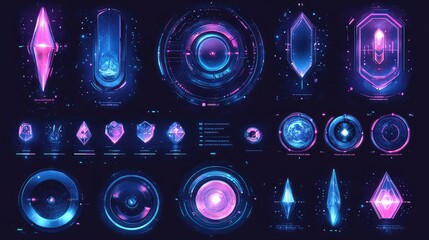 Poster - Modern Cartoon Set of Sci-Fi Style UI Elements with Glistening Blue and Pink Colors for Avatars Featuring Grades or Levels in Futuristic Design