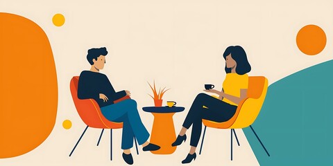 Wall Mural - Couple Sitting In Chairs Drinking Coffee And Talking