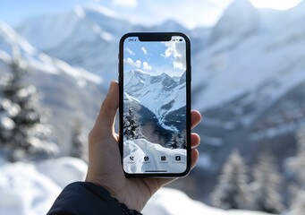 Wall Mural - Person Holding Smartphone with Snowy Mountain Landscape