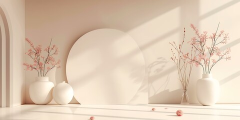 Wall Mural - Minimalist White Vase with Pink Flowers on a White Background