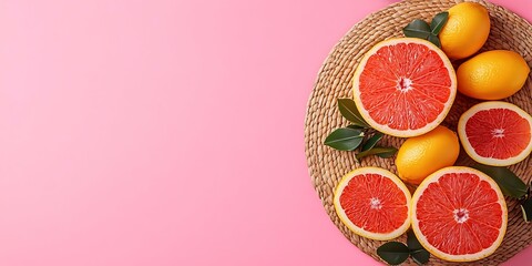 Wall Mural - Fresh Grapefruit and Lemon on Pink Background